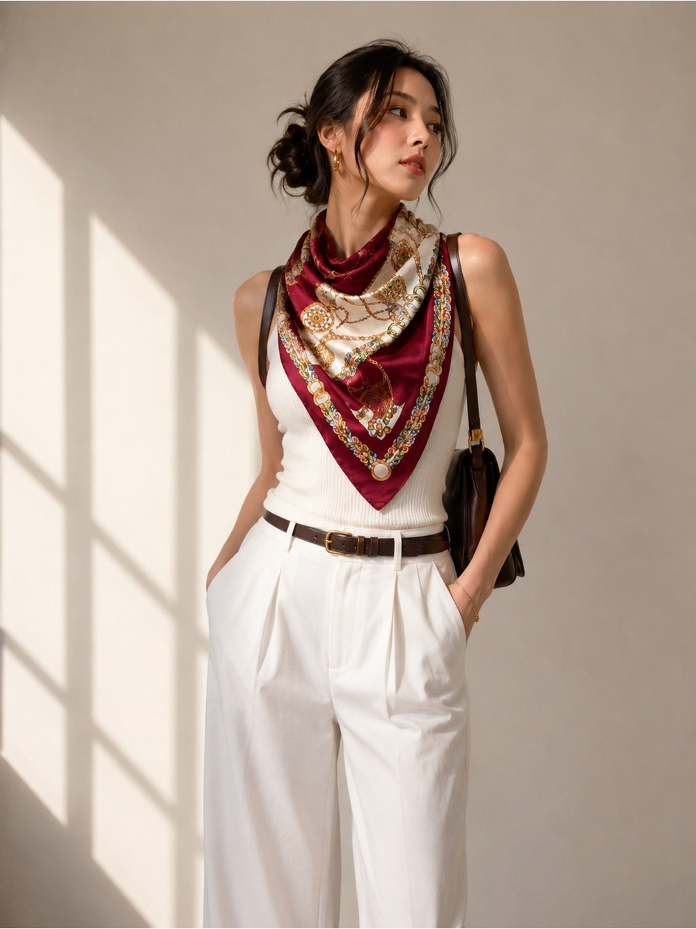 100% Silk Maroon & Gold Chain Print Scarf